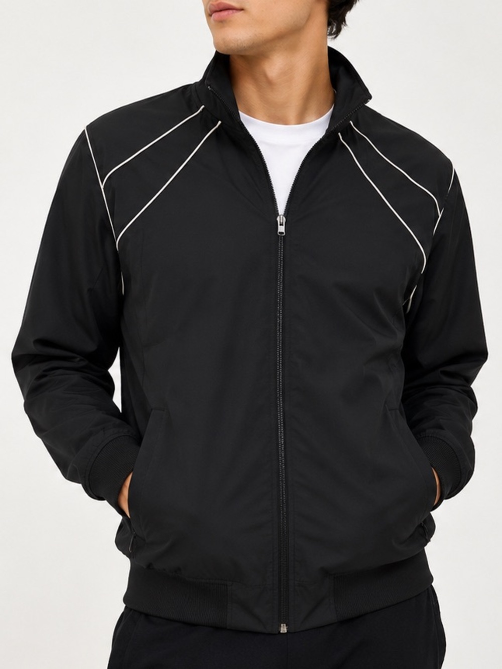 Champion Black Windbreaker Track Jacket L White Piping Full Zip Athletic Retro
